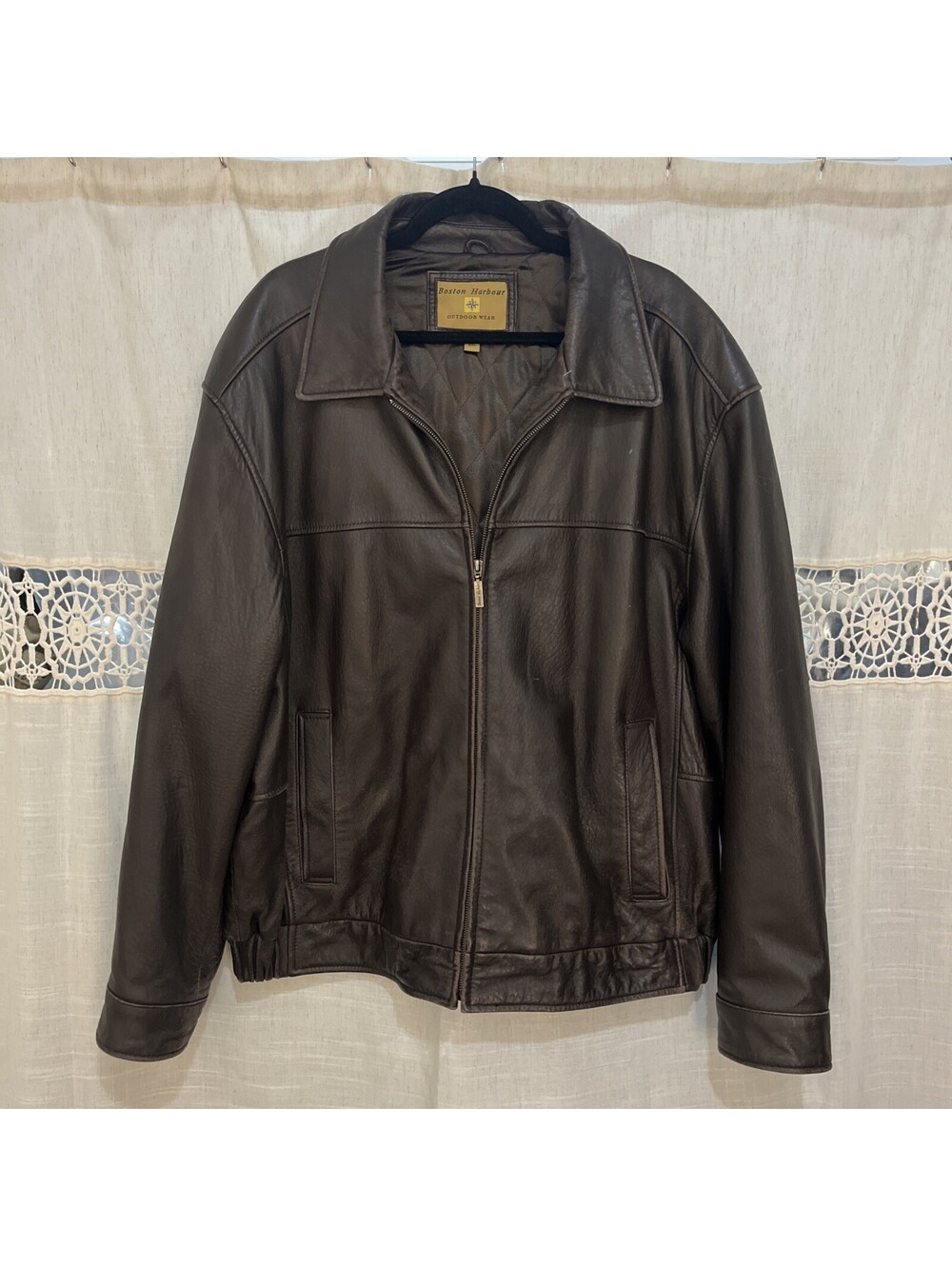 Boston Harbour Bomber Leather Jacket Men's Large Brown Quilt Lined Full Zip Soft